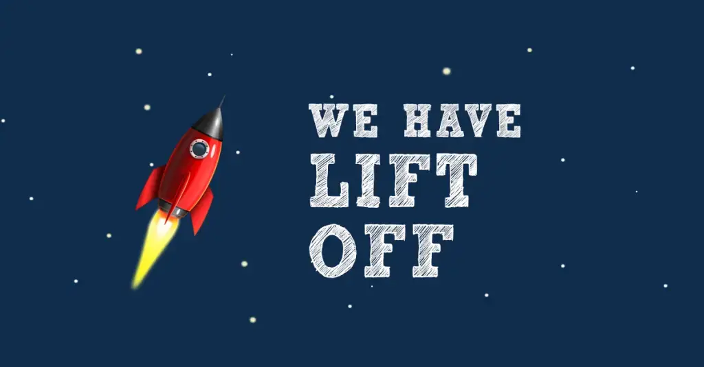 "We have lift off" cover: a red cartoon rocket blasting off through a starry navy sky